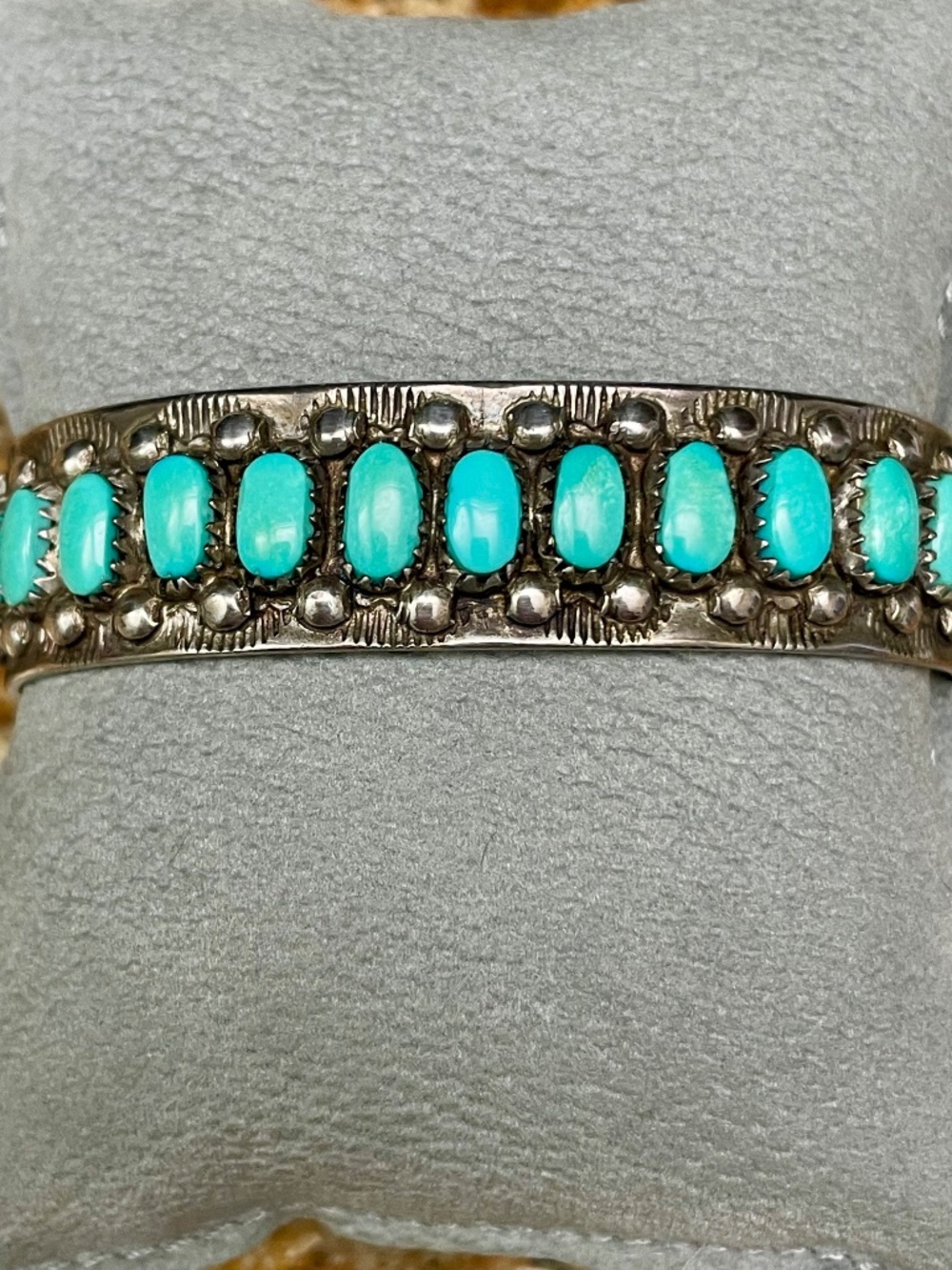 Vintage Zuni Turquoise and Silver Row Cuff Bracelet, Hallmark P. Ukestine - Picture 2 of 7